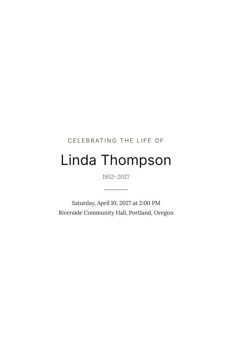 Front of the program: Example program for a celebration of life