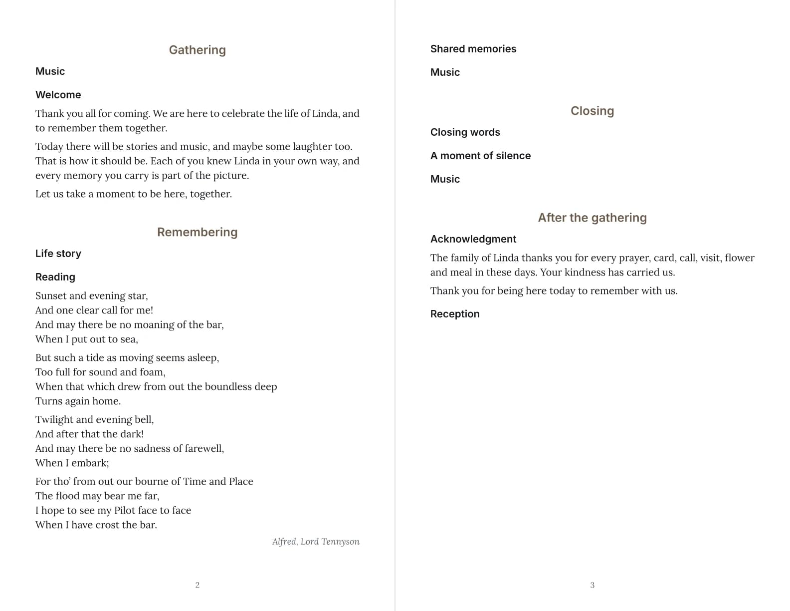 Pages 2 and 3 of the program: Example program for a celebration of life