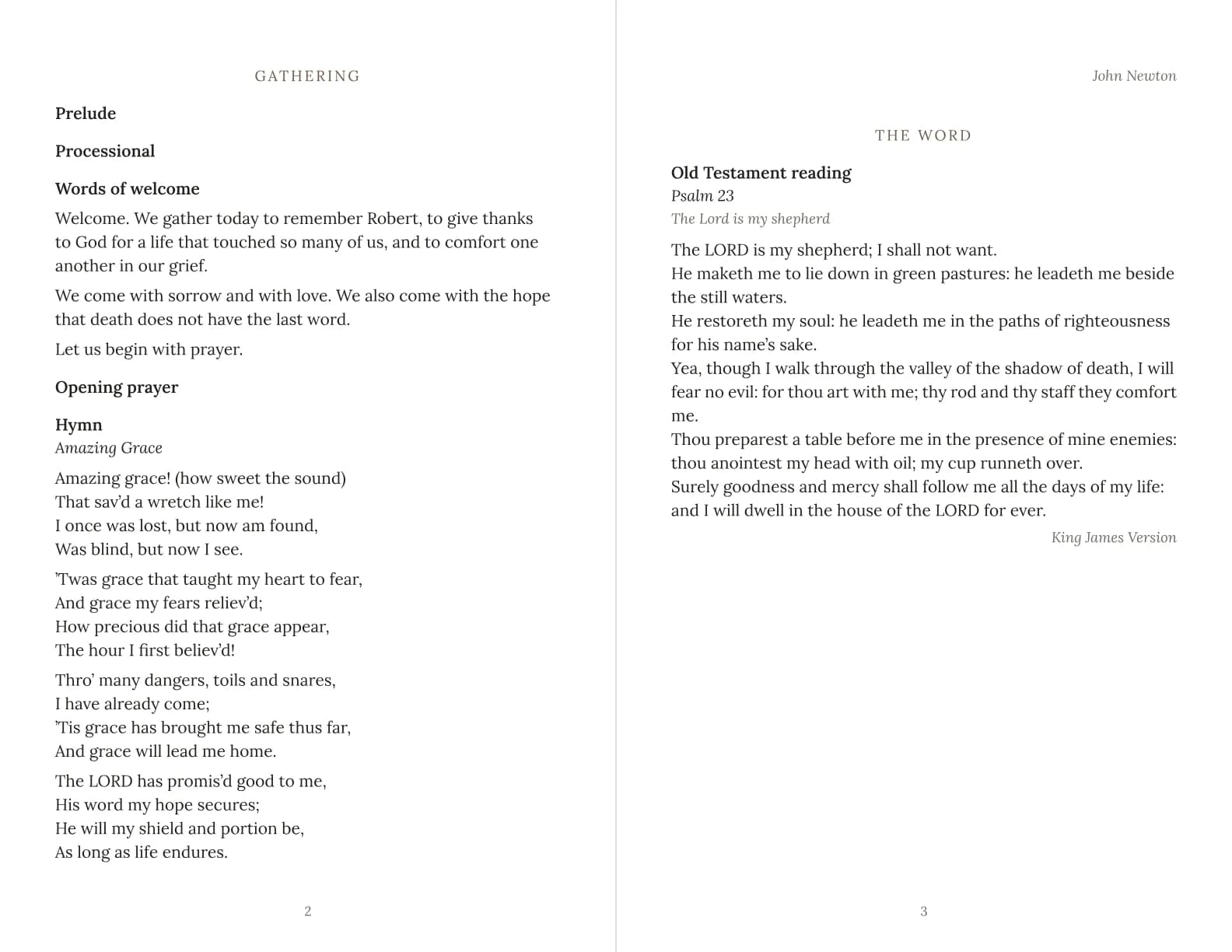 Pages 2 and 3 of the program: Example program for a Christian funeral