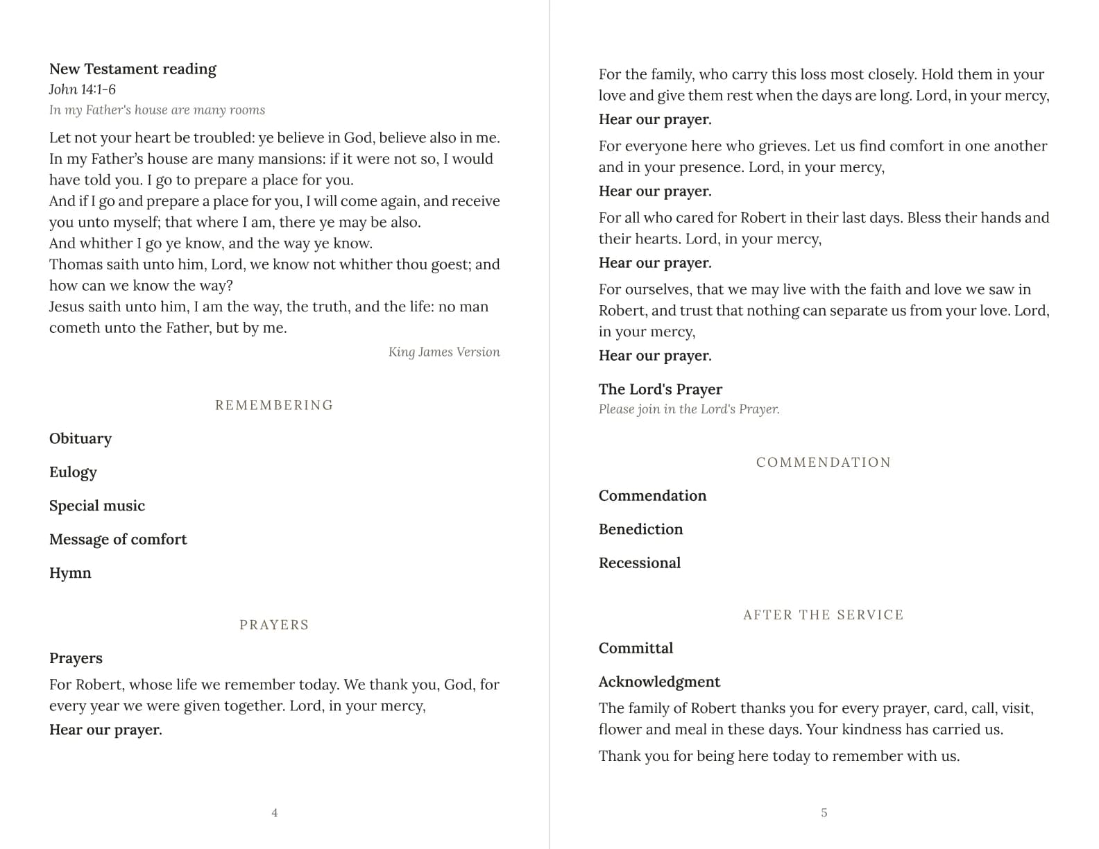 Pages 4 and 5 of the program: Example program for a Christian funeral