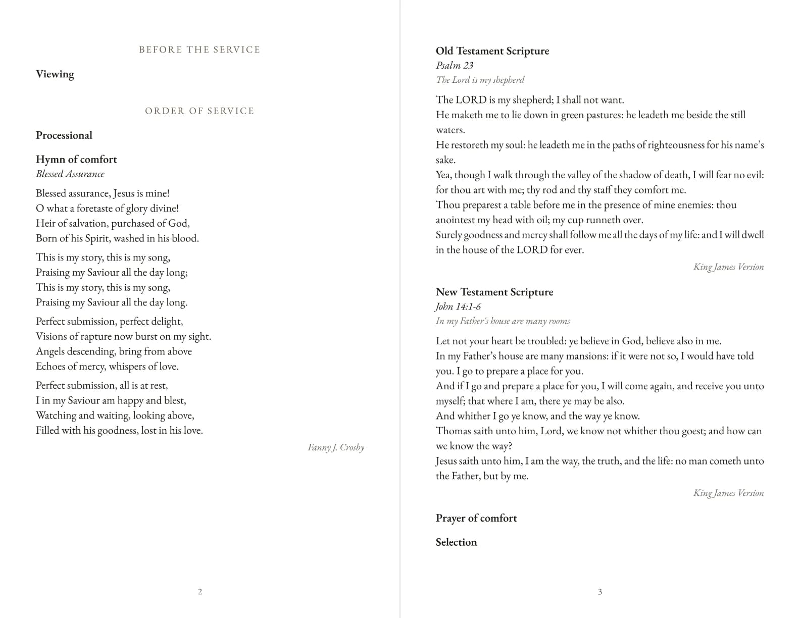 Pages 2 and 3 of the program: Example program for a homegoing service