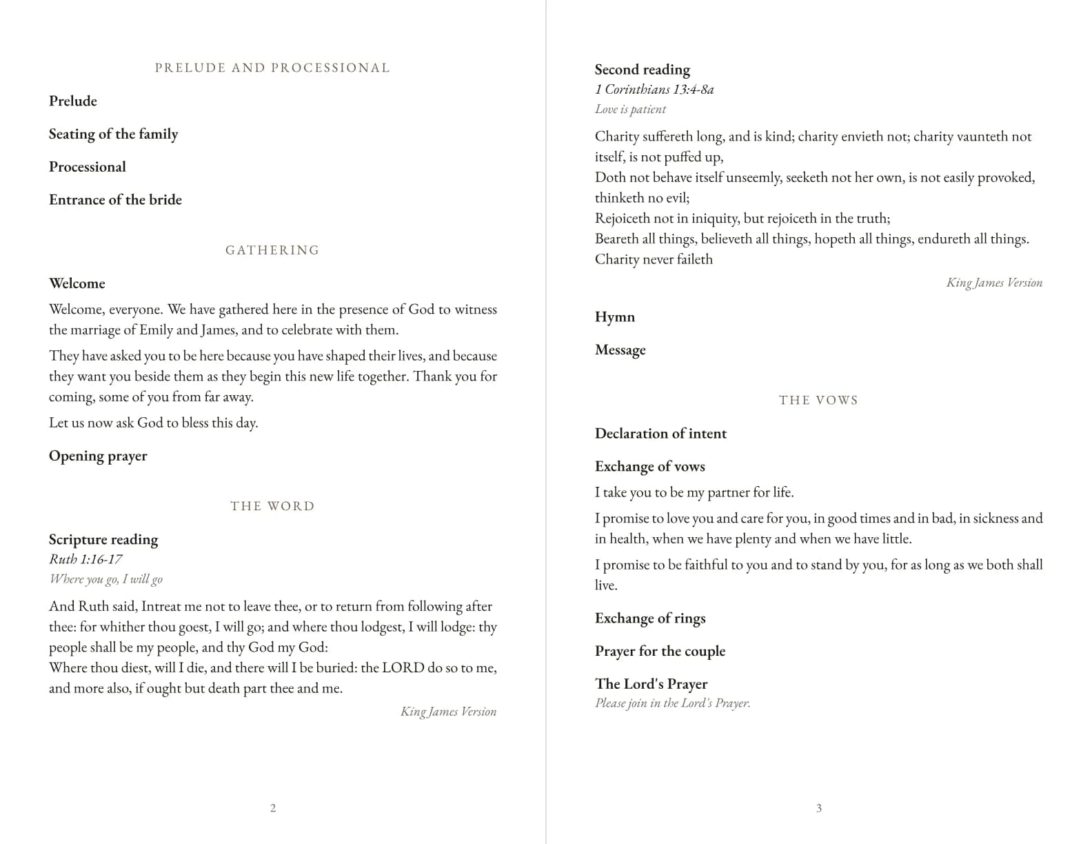 Pages 2 and 3 of the program: Example program for a Christian wedding