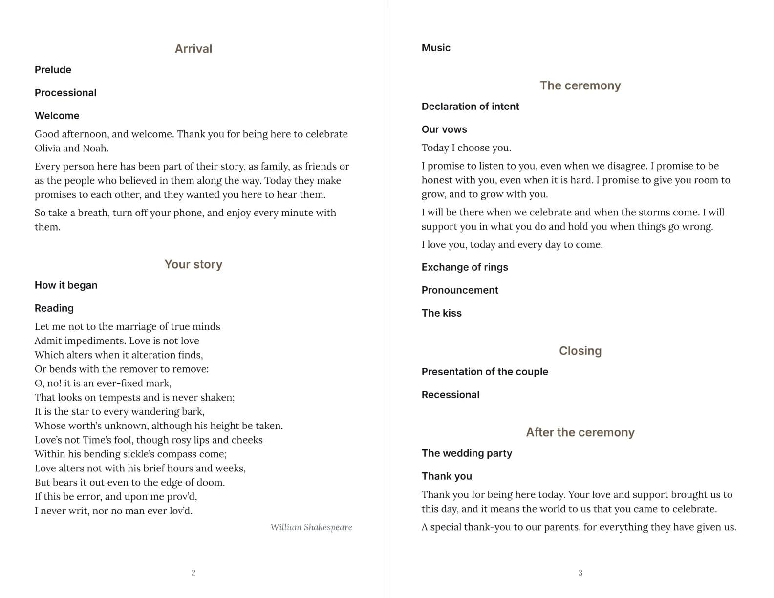 Pages 2 and 3 of the program: Example program for a wedding ceremony